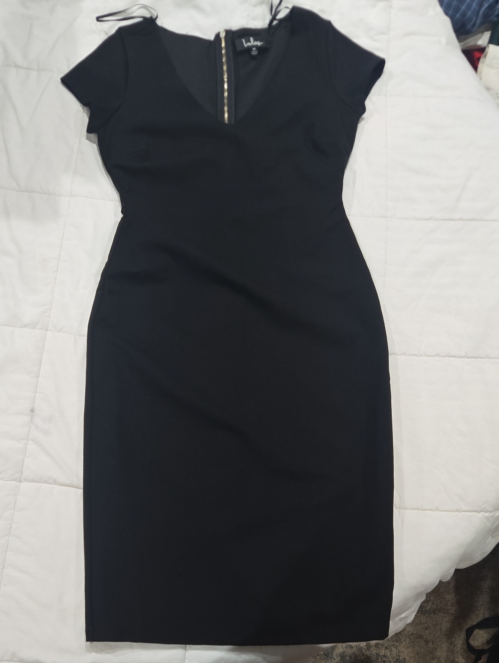 Lulu's Black Cap-Sleeve V-Neck Midi Sheath Dress with Gold Zip